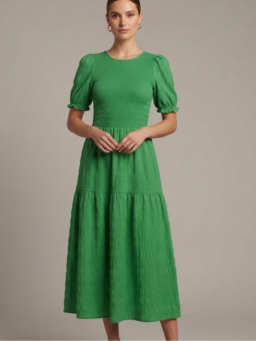 Fashion Textured Green Maxi Dress with Puff Sleeves Size XL